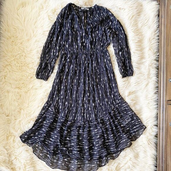 Vince Smocked Chiffon Abstract Silk Midi Dress sz Small Boho Romantic Goth Sheer - Picture 4 of 10